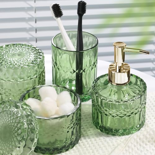 Green Bathroom Accessories Set, 4Pcs Green Bathroom Decor Accessory Sets Complete, Glass Soap Dispenser and Toothbrush Holder Set for Vintage Bathroom Countertop