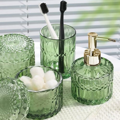 Green Bathroom Accessories Set, 4Pcs Green Bathroom Decor Accessory Sets Complete, Glass Soap Dispenser and Toothbrush Holder Set for Vintage Bathroom Countertop