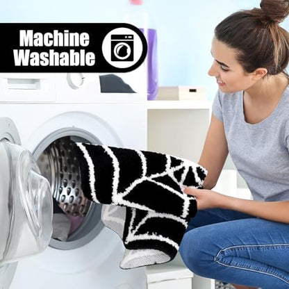 Meetory Spider- Web Bath Mat, 31×20" Halloween Bath Mat Non-Slip Rugs Spiderweb Rug Machine Washable Goth Area Rugs Gothic Rug for Front Door, Bedroom, Living Home (Black+White)