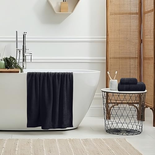 Belizzi Home Ultra Soft 3 Pack Cotton Towel Set, Contains a Bath Towel 28x55 inch, a Hand Towel 16x24 inch & a Wash Coth 12x12 inch, Ideal Everyday use, Compact & Lightweight - Black