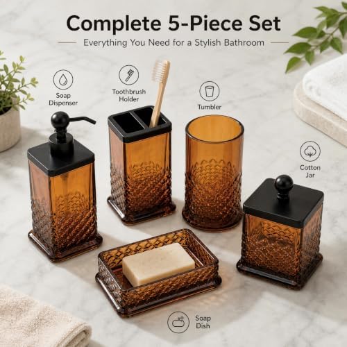 JKE Heavy Glass 5Pcs Amber Bathroom Set Accessories Vintage