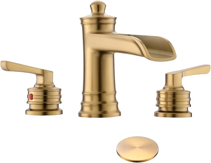 Fapully Brushed Gold Bathroom Sink Faucet, Waterfall Bathroom Faucets 3 Hole, 8 Inch Widespread Bathroom Faucet with Pop-up Drain, 2-Handle Faucet for Bathroom Sink Vanity RV