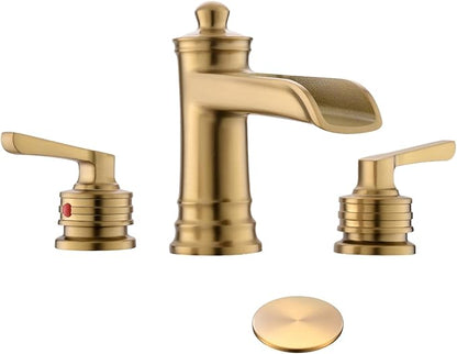 Fapully Brushed Gold Bathroom Sink Faucet, Waterfall Bathroom Faucets 3 Hole, 8 Inch Widespread Bathroom Faucet with Pop-up Drain, 2-Handle Faucet for Bathroom Sink Vanity RV