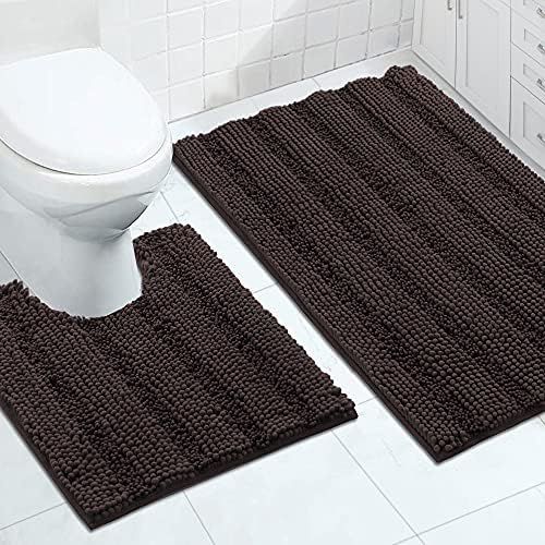 2-Piece Bathroom Rug Set with U-Shaped Mat, Soft Absorbent Chenille, Brown