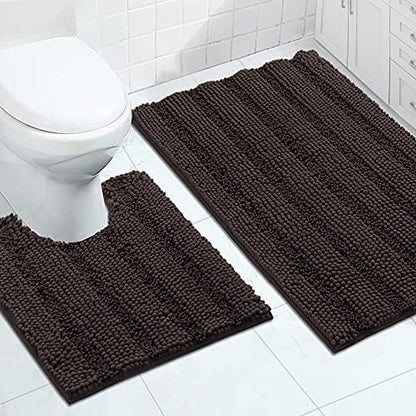 2-Piece Bathroom Rug Set with U-Shaped Mat, Soft Absorbent Chenille, Brown