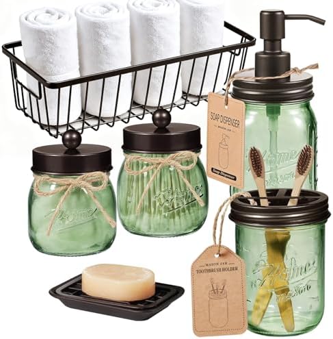 SheeChung Mason Jar Bathroom Accessories Set, 6Pcs Green Glass Bathroom Set