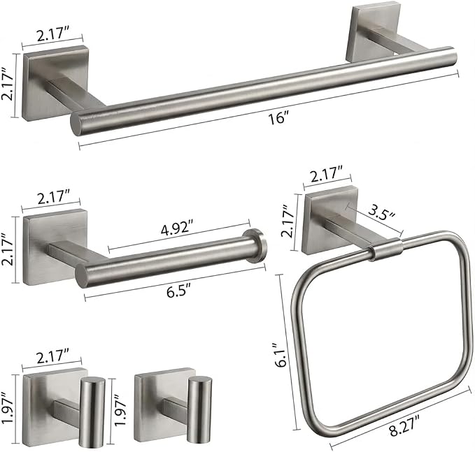 16 in 5-Piece Bathroom Hardware Set, Brushed Nickel | SUS304 stainless steel, towel bar, towel ring, toilet paper holder, 2 robe hooks, hidden screw mount