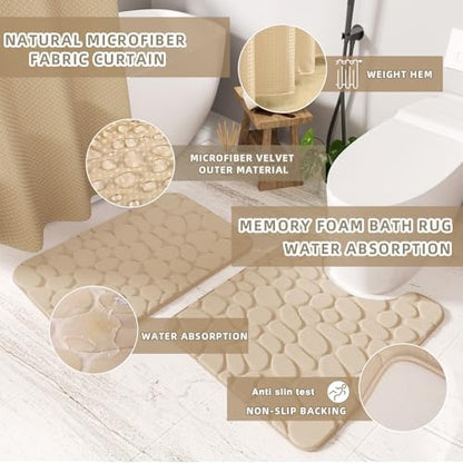 XLHOMO Bathroom Accessories Set - 25PC Bathroom Sets with Shower Curtain and Rugs, Beige Bathroom Set with Trash Can, Soap Dispenser, Soap Dish & Toilet Brush