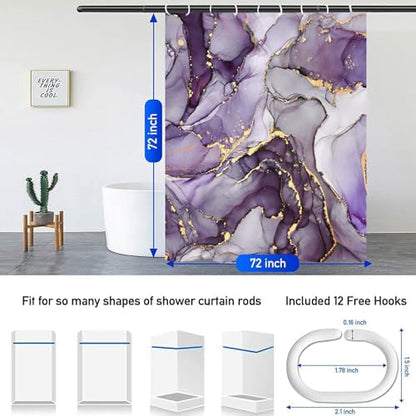 NBVKO 4Pcs Luxury Purple Marble Pattern Shower Curtain Set with 12 Hooks Non-Slip Rugs,Toilet Lid Cover and Bath Mat, Stylish Bathroom Decor for Hotel & Home Bathroom