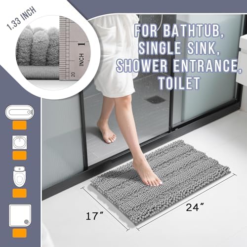 Yimobra Bathroom Rug Mat, Non Slip and Super Absorbent Bath Mat, Machine Washable Quick Dry, Ultra Plush Chenille Shower Rugs for Bathroom Floor Sink Tub and Shower Outside, Gray, 24 x 17