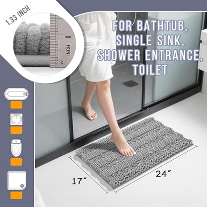 Yimobra Bathroom Rug Mat, Non Slip and Super Absorbent Bath Mat, Machine Washable Quick Dry, Ultra Plush Chenille Shower Rugs for Bathroom Floor Sink Tub and Shower Outside, Gray, 24 x 17