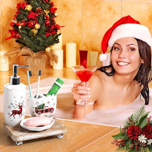 Newtay Christmas 4 Pcs Ceramic Bathroom Accessories Set, Toothbrush Holder