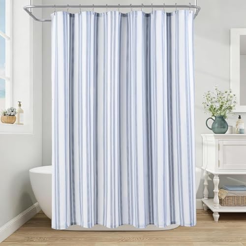 ORTIGIA Blue Striped Shower Curtain 72x72 Inch, Waffle Textured Heavy Duty Thick Cloth Fabric Shower Curtains with 12 Metal Hooks,Blue and White Bath Bathroom Shower Curtain
