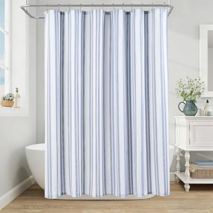 ORTIGIA Blue Striped Shower Curtain 72x72 Inch, Waffle Textured Heavy Duty Thick Cloth Fabric Shower Curtains with 12 Metal Hooks,Blue and White Bath Bathroom Shower Curtain