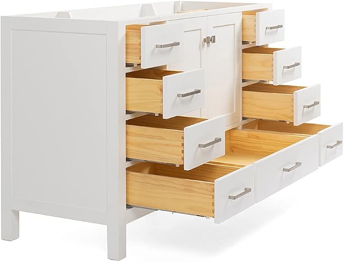 ARIEL Cambridge 54-inch Bathroom Vanity Base Cabinet,Solid Wood, 2 Soft Closing Doors, 9 Dovetail Drawers, White