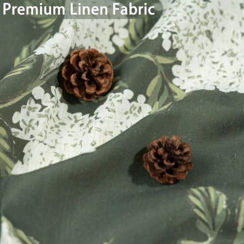ORTIGIA Linen Textured Ruffle Shower Curtain with Metal Hooks, Vintage Dark Green Hydrangea Floral Boho Waterproof Bath Curtain for Rustic Farmhouse Bathroom Decor 72x72 Inch