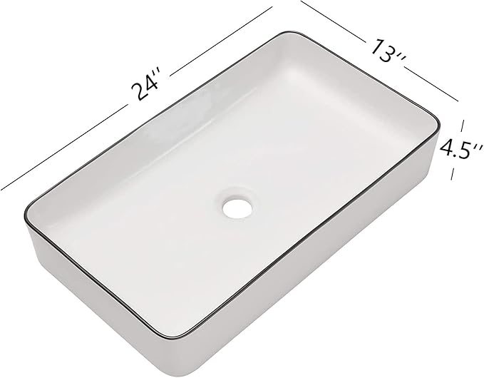 Sarlai Bathroom Sink Rectangular 24"x14" White Vessel Sink with Black Rim Ceramic Porcelain Rectangle Bathroom Vessel Sink Above Counter Vanity Sink Basin