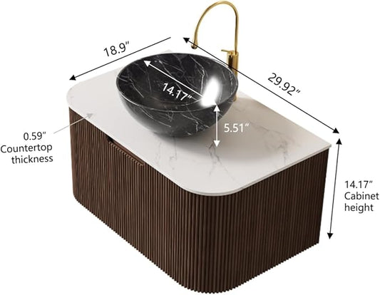 30'' Bathroom Vanities Cabinet with Sink Combo, Wall Mounted Floating Cabinet W/Curved Edges Stripes, Oak Plywood, Soft-Close System with a Drawer, Black Bowl Ceramic Basin - Kiel, Dark Walnut/R