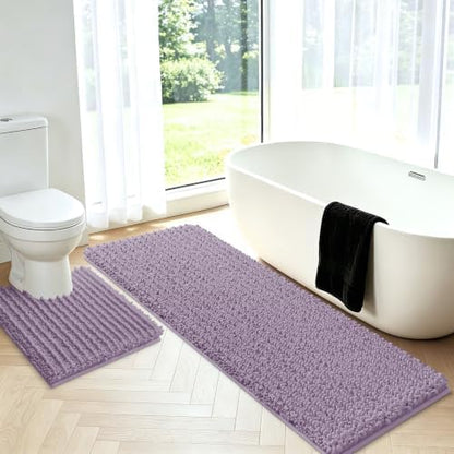 Upgrade Luxury 2 Piece Lavender Toilet Bathroom Rug Mat U Shape 24"x20"+48"x20", Ultra Soft Thick Absorbent Bath Mats, Non Slip Chenille Toilet Mat for Bathroom, Bedroom, Kitchen, Shower, Tub