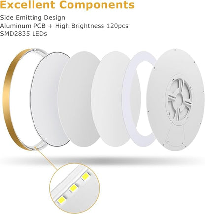 12Inch Gold Flush Mount Ceiling Light Fixture , 24W(240W Equivalent), 3200LM, 6000K Cool White, IP40, Flat Modern Round LED Ceiling Lights for Bedrooms, Living Rooms, Bathrooms, Stairwells, etc.