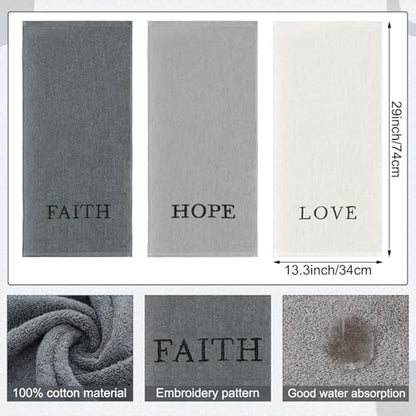 FuWeave 3 Pcs Gray Decorative Hand Towels for Bathroom, Faith Hope Love
