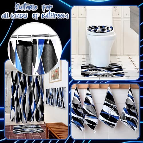 Honoson 8 Pcs Black Blue White Striped Shower Curtain Bathroom Set