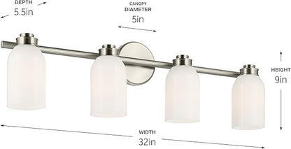 Kichler Shae 32.25" 4-Light Vanity Light with White Opal Glass in Brushed Nickel, for Bathroom Vanity, Powder Room, Over a Mirror, (32.25" W x 9" H), 55203NI