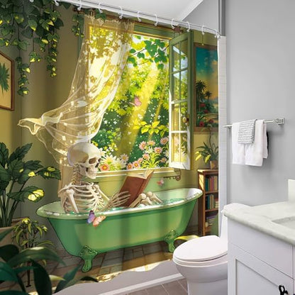 Skull Skeleton Gothic Spooky Green Botany Bathroom Shower Curtain Set