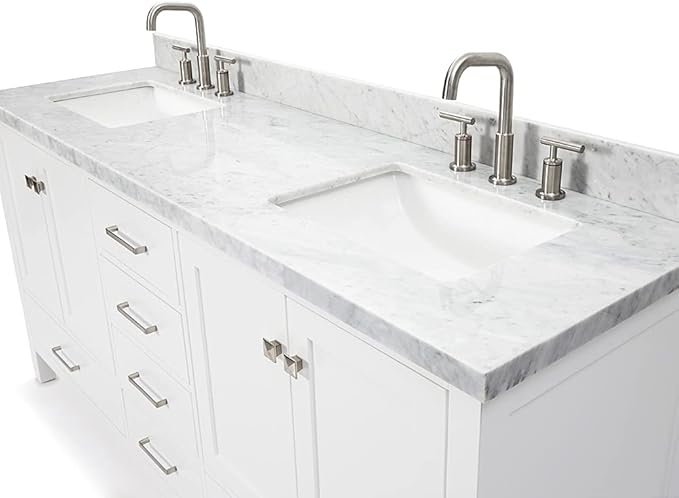 DKB Beckford 72 Inch Bathroom Vanity Double Sink — White Bathroom Vanity with Sink, 1.5" Edge Italian Carrara Marble Countertop & Backsplash, 4 Soft-Close Doors, 6 Dovetail Drawers