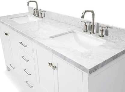 DKB Beckford 72 Inch Bathroom Vanity Double Sink — White Bathroom Vanity with Sink, 1.5" Edge Italian Carrara Marble Countertop & Backsplash, 4 Soft-Close Doors, 6 Dovetail Drawers