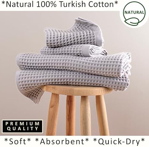 PÜSKÜL Natural 100% Turkish Cotton Waffle Towels Set of 4-Piece, L.-Gray