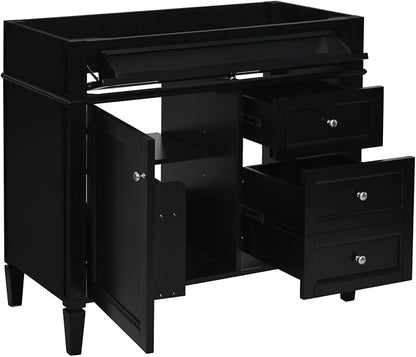 Merax 36'' Bathroom Vanity Without Top Sink, Solid Rubberwood Frame Cabinet | Modern Bathroom Vanity Storage Cabinet with 2 Drawers, Tip-out Drawer, Adjustable Shelf, Soft Closing Doors, Black