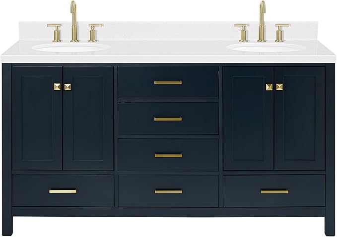 ARIEL Cambridge 66-inch Bathroom Vanity with Sink,Solid Wood, 1.5-inch Carrara White Quartz Countertop, Double Oval Porcelain Sink, 4 Soft Closing Doors, 6 Dovetail Drawers, Midnight Blue