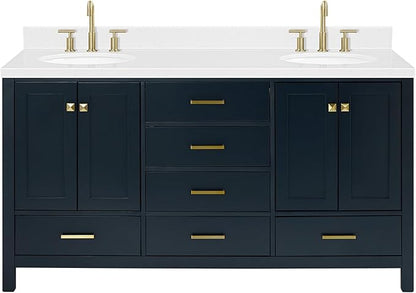 ARIEL Cambridge 66-inch Bathroom Vanity with Sink,Solid Wood, 1.5-inch Carrara White Quartz Countertop, Double Oval Porcelain Sink, 4 Soft Closing Doors, 6 Dovetail Drawers, Midnight Blue