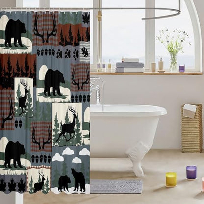Feelyou Rustic Plaid Shower Curtain for Bathroom Decor Lodge Cabin Bear Bath Curtain Country Elk Moose Bathroom Accessories Woodland Green Waterproof Polyester Fabric for Stalls Bathtubs 72"x72"