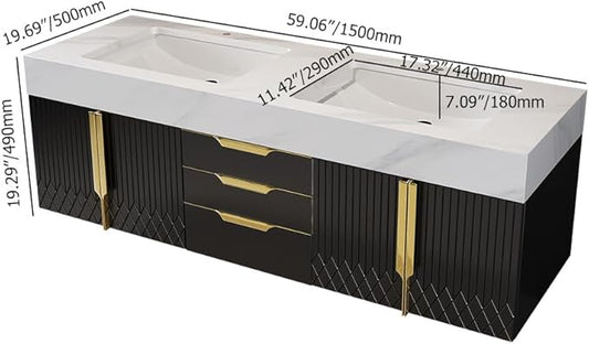 homary 60" Floating Bathroom Vanity Set with Double Sink, Modern Bathroom Sink Cabinet Storage Cabinet with Sintered Stone Countertop and Ample Storage, Black