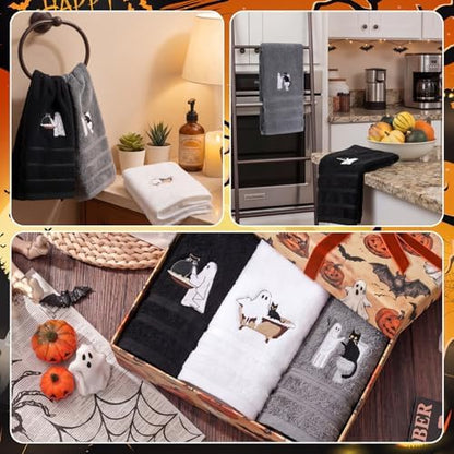 FuWeave 3 Pcs Black White Halloween Ghost Hand Towels for Bathroom