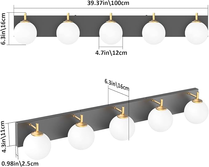 Aipsun Mid Century Modern Bathroom Vanity Light Over Mirror 5 Lights Milky White Globe Glass Black/Golden Bathroom Light Fixture(Exclude Bulb)