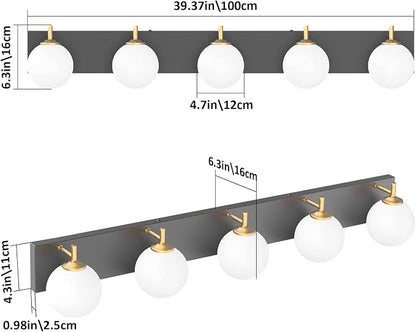 Aipsun Mid Century Modern Bathroom Vanity Light Over Mirror 5 Lights Milky White Globe Glass Black/Golden Bathroom Light Fixture(Exclude Bulb)