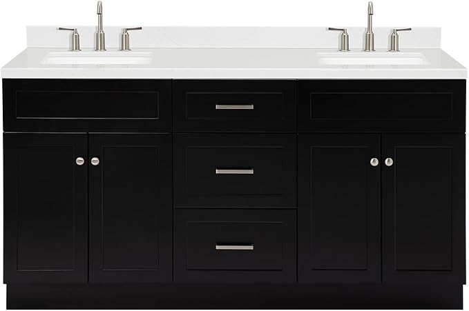 ARIEL Hamlet 66-inch Bathroom Vanity with Sink,Solid Wood, 1.5-inch Carrara White Quartz Countertop & Backsplash, Double Rectangular Porcelain Sink, 4 Soft Closing Doors, 3 Dovetail Drawers, Black