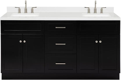 ARIEL Hamlet 66-inch Bathroom Vanity with Sink,Solid Wood, 1.5-inch Carrara White Quartz Countertop & Backsplash, Double Rectangular Porcelain Sink, 4 Soft Closing Doors, 3 Dovetail Drawers, Black