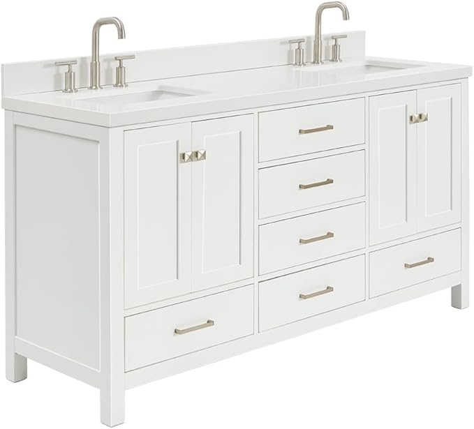 ARIEL Cambridge 66-inch Bathroom Vanity with Sink,Solid Wood, 1.5-inch Pure White Quartz Countertop & Backsplash, Double Rectangular Porcelain Sink, 4 Soft Closing Doors, 6 Dovetail Drawers, White