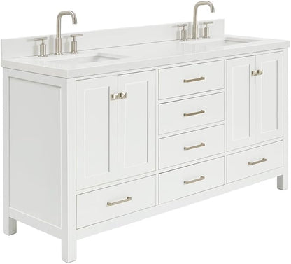 ARIEL Cambridge 66-inch Bathroom Vanity with Sink,Solid Wood, 1.5-inch Pure White Quartz Countertop & Backsplash, Double Rectangular Porcelain Sink, 4 Soft Closing Doors, 6 Dovetail Drawers, White