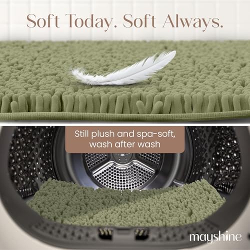 MAYSHINE Small Plush Shaggy Chenille Bath Mat 23"x14" Extra Soft, Super Absorbent, Non-Slip Bathroom Rug | Fluffy Microfiber, Area Rug Sets for Bathroom Floor, Kitchen, Living Room | Sage Green