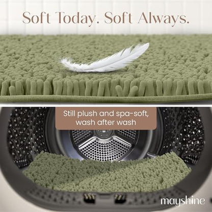 MAYSHINE Standard Plush Shaggy Chenille Bath Mat 32"x20" Extra Soft, Super Absorbent, Non-Slip Bathroom Rug | Fluffy Microfiber, Area Rug Sets for Bathroom Floor, Kitchen, Living Room | Sage Green