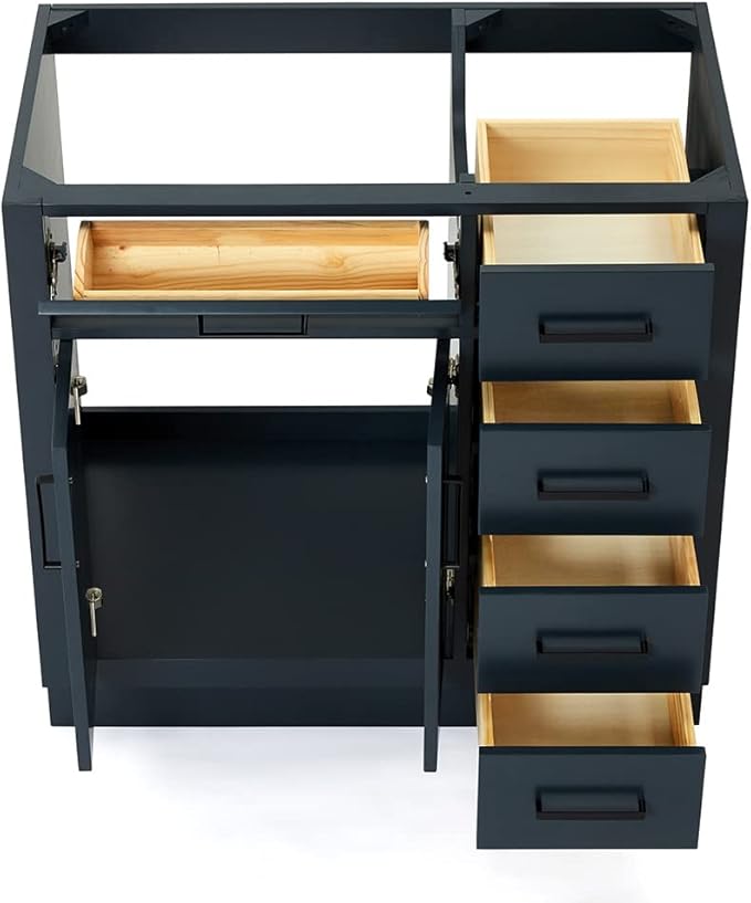 ARIEL Hepburn 36-inch Bathroom Vanity Base Cabinet,Solid Wood, 2 Soft Closing Doors, 5 Dovetail Drawers, Midnight Blue