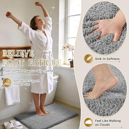 Yimobra Fluffy Plush Bath Rug, Super Shaggy Soft Comfortable Non Slip, Water Absorbent Microfiber Bath Mat, Dries Quickly, Machine Washable Thick Bathroom Rugs for Shower, 44" X 24", Pure Gray