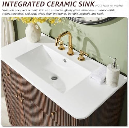 T4TREAM 60" Fluted Bathroom Vanity with 2 Single Sinks, Dark Walnut
