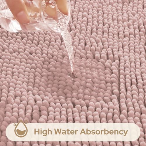 HOMEIDEAS Dusty Pink Chenille Bathroom Rugs Set of 3, Non Slip Bath Mat