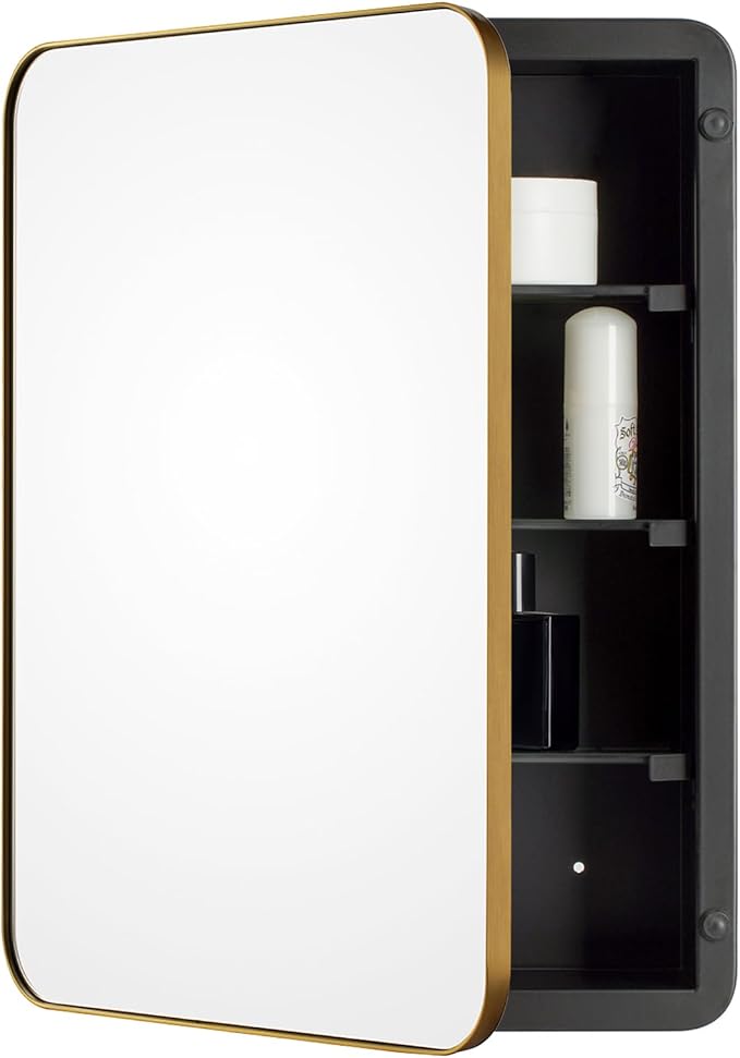 16’’x26’’ Medicine Cabinet,Metal Framed Medicine Cabinet Mirror with Round Corner,Recessed and Surface Mount Bathroom Mirror with Storage, Removeable Shelves,Gold